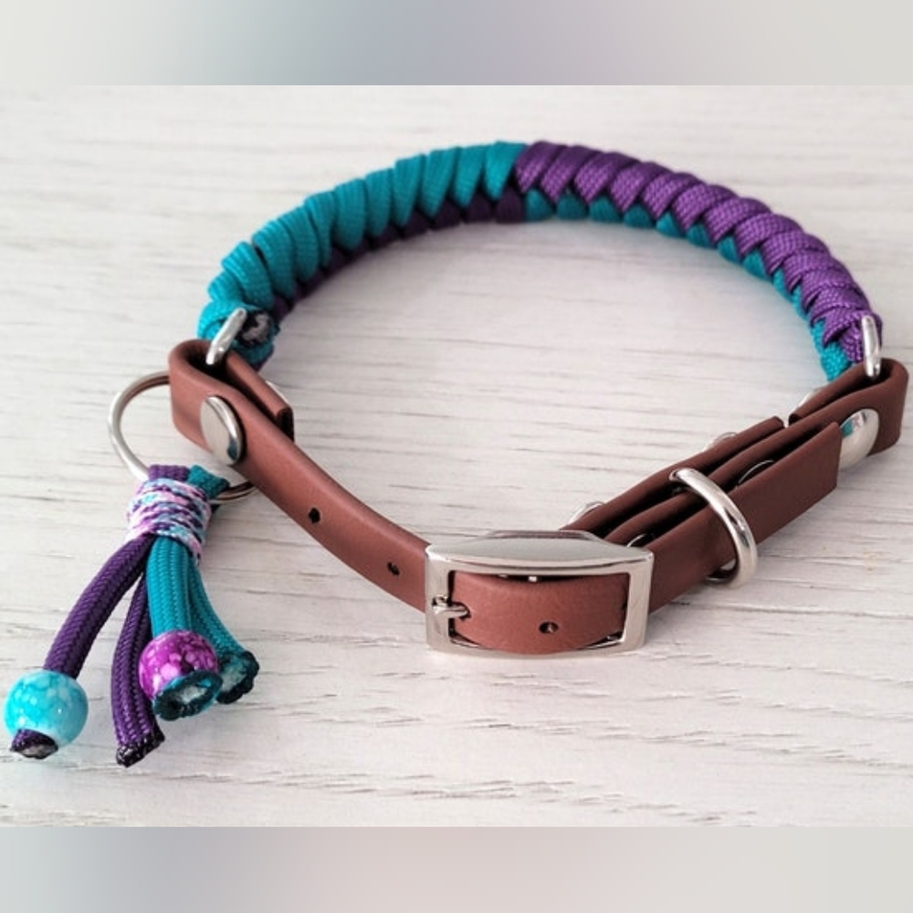 1/2" Paracord Dog Collar with Biothane Adjustable Adapter - Teal and Purple - Picture 2 of 6